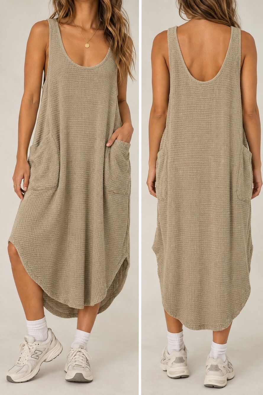 Free People Size S Beige Waffle Knit Midi Dress Oversized Boho Pockets